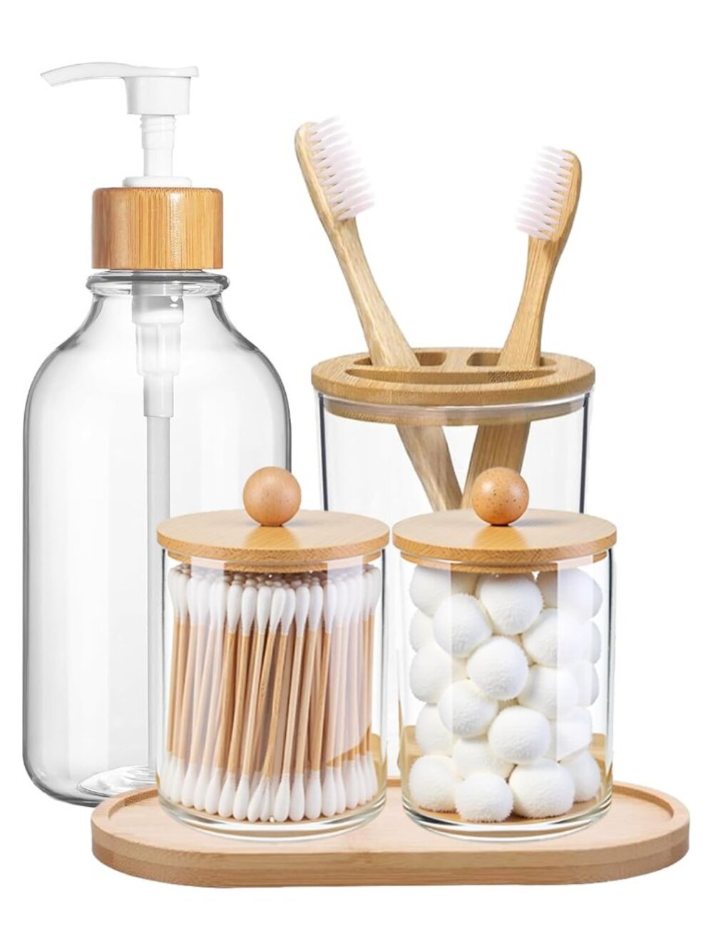 5 Pack Bamboo Bathroom Accessories Set with Tray Plastic Soap Dispenser